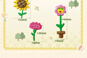 Detailed view of cute flower embroidery patches with size measurements for DIY crafts.