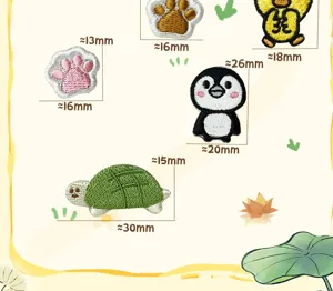 Detail view of cute animal embroidery patches with size measurements for DIY repair and craft.