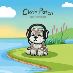 Cute cartoon dog puppy embroidery patch with headphones for DIY clothing apparel accessories.
