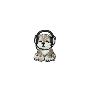Cute puppy dog embroidery patch badge with headphones, perfect for DIY clothes and hats decoration.
