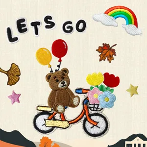 Cartoon Embroidered Patches For Clothing DIY Iron On Patch Bear Bicycle Rainbow Balloon Maple Leaf Ginkgo Letter Cloth Sticker Accessories