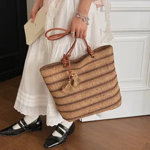 Summer straw woven tote bag for women, large capacity casual shoulder bag for beach and daily work.