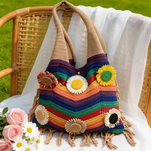Bolso Tote Tejido de Rayas de Arco Iris Gran Capacidad Bolso de Hombro de Punto Con Girasol 3D y Borla Bolso de Vacaciones en la Playa