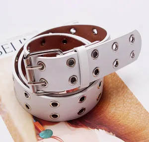 White double grommet leather belt punk style metal eyelet hip hop waist belt for women.