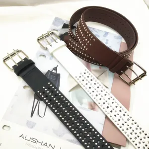 Punk Star Studded PU Leather Belt Double Pin Buckle Hip Hop Style Jeans Waist Belt for Sale