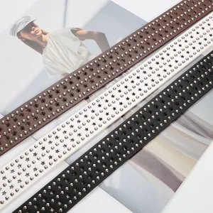 PU leather studded star cutout belt detailed close-up showing texture and metal rivets.