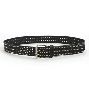 Black PU leather belt featuring metal studs and star cutouts with dual pin buckle.