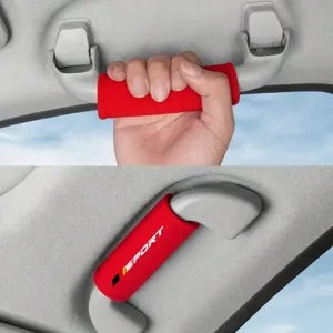 Red plush car roof grab handle cover interior accessory with sport logo details.