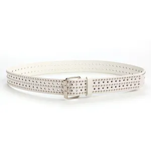 White PU leather belt with star cutout holes, metal studs and double pin buckle for jeans.