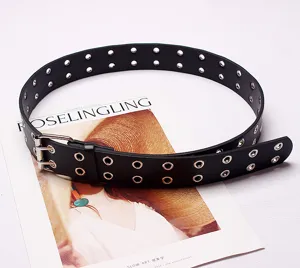 Black double grommet punk leather belt for women, hip hop waist belt with metal buckle.
