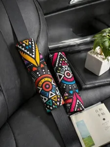 Car seatbelt shoulder pads with bohemian geometric print, soft fabric black car safety belt cover.