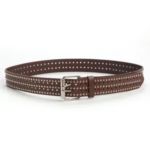 Brown PU leather belt featuring star cutouts and studded details with metal buckle.