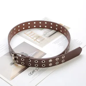 Women's brown double grommet PU leather punk waist belt with stylish metal pin buckle.