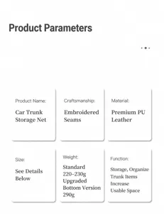 Detalles de parámetros del producto para red de almacenamiento de coche, diseño de cuero PU.
