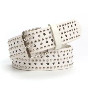 White PU leather belt featuring star cutouts and metal studs for cool trendy jeans.