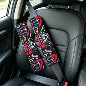 Car seatbelt shoulder pads, black geometric bohemian print, soft universal strap cover.