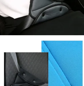Vue détaillée du réducteur de ceinture auto, tissu tricoté doux et boutons-pression.