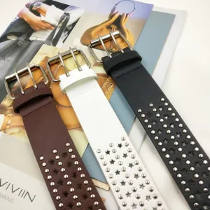 PU leather double prong buckle belt with star cutouts and metal studs for women jeans hip hop style