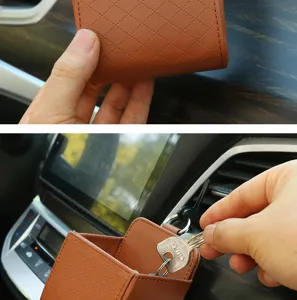 Car air vent storage box leather auto organizer for phone cards keys storage pocket