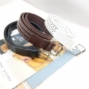 PU leather studded belt with double prong pin buckle for jeans hip hop fashion style