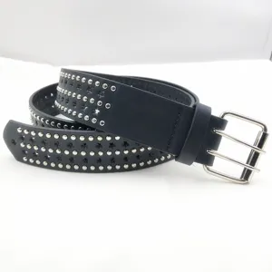 Black PU leather studded belt with double pin buckle and star cutout details for jeans.