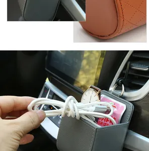 Car air vent storage bag leather auto organizer pocket for phone cards grey portable 1pc