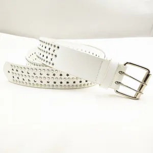 Close-up detail of white PU leather studded belt with star cutouts and metal pin buckle.
