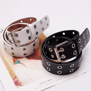 Women Punk Style PU Leather Belt Double Prong Grommet Eyelet Waist Belt Casual Metal Hollow Out Adjustable Waistband Fashion