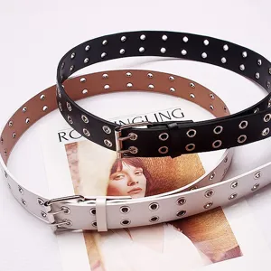 Punk style double grommet leather belt set in black and white with metal pin buckles for women.