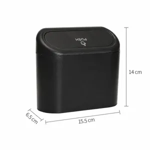Mini car trash can with press lid, black plastic desktop garbage bin, 15.5x6.5x14cm.