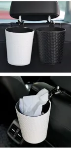 Car hanging trash can creative woven auto seat back storage organizer bin black white