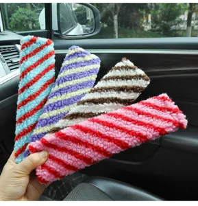 Detailed close-up view of colorful lamb wool car seatbelt cover plush shoulder pads.