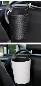 Car leather woven trash can organizer for auto seat back hanging storage bucket black and white