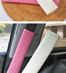 Linen car seat belt shoulder pads comfort protective covers pink and white detail view