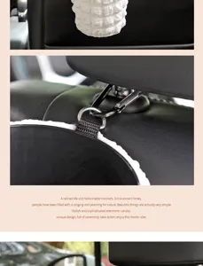 Hanging car trash can detail showing waterproof puff texture and secure metal mounting hook.