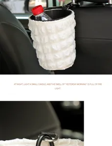 Car trash can puff pleated hanging waterproof garbage storage bucket interior detail view.