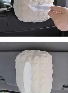 Dettaglio appendiabiti scatola fazzoletti auto, borsa portaoggetti crema in tessuto.