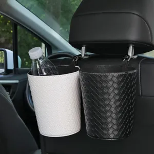 Car trash can hanging leather woven back seat organizer auto storage bin black and white