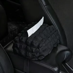 Porta fazzoletti auto in tessuto puff nero, organizer appeso per bracciolo plissettato morbido.