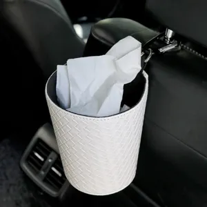 Car trash can hanging organizer, stylish woven leather interior storage bin for back seat headrest.