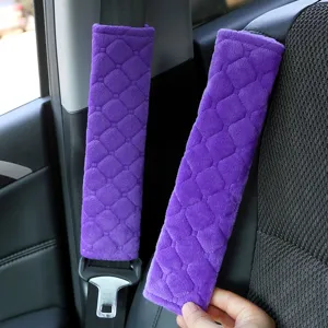Purple plush car seat belt shoulder pad, soft diamond pattern protective cover for auto interior.