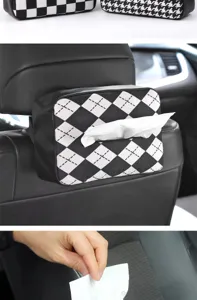 Car tissue holder for seat back, black and white geometric pattern leather organizer.