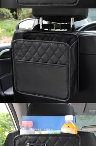 Organizador de asiento de coche de cuero negro bolsa de almacenamiento acolchada.
