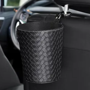 Hanging car trash can with woven leather design, back seat organizer, durable automotive bin.