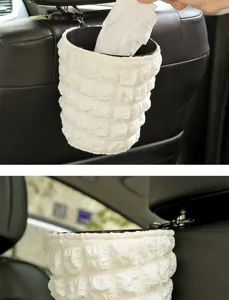 Hanging car trash can with white puffy pleated design, practical auto interior garbage storage.