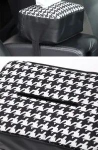 Multifunctional car tissue box holder featuring houndstooth pattern and leather details view.