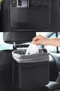 Organizador de asiento trasero de coche de cuero negro con papelera, almacenamiento.