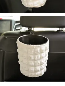 Hanging car trash can with white puffy textured design, interior view, compact and waterproof.