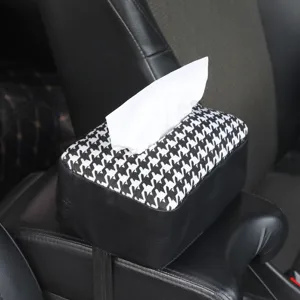 Car tissue box houndstooth leather armrest storage box auto interior accessories container