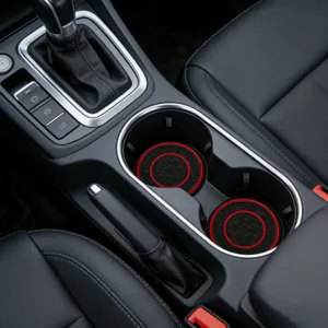 Car cup holder coasters black and red honeycomb anti-slip mat for central console storage.